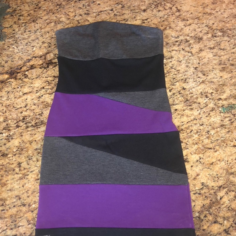A grey purple and black strapless mini dress